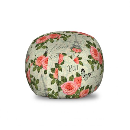Shabby Flora Storage Toy Bag Chair  Paris Lettering with Roses and Leaves Abstract Pale Blue Grey Backdrop  Stuffed Animal Organizer Washable Bag  Small Size  Salmon and Green  by Ambesonne