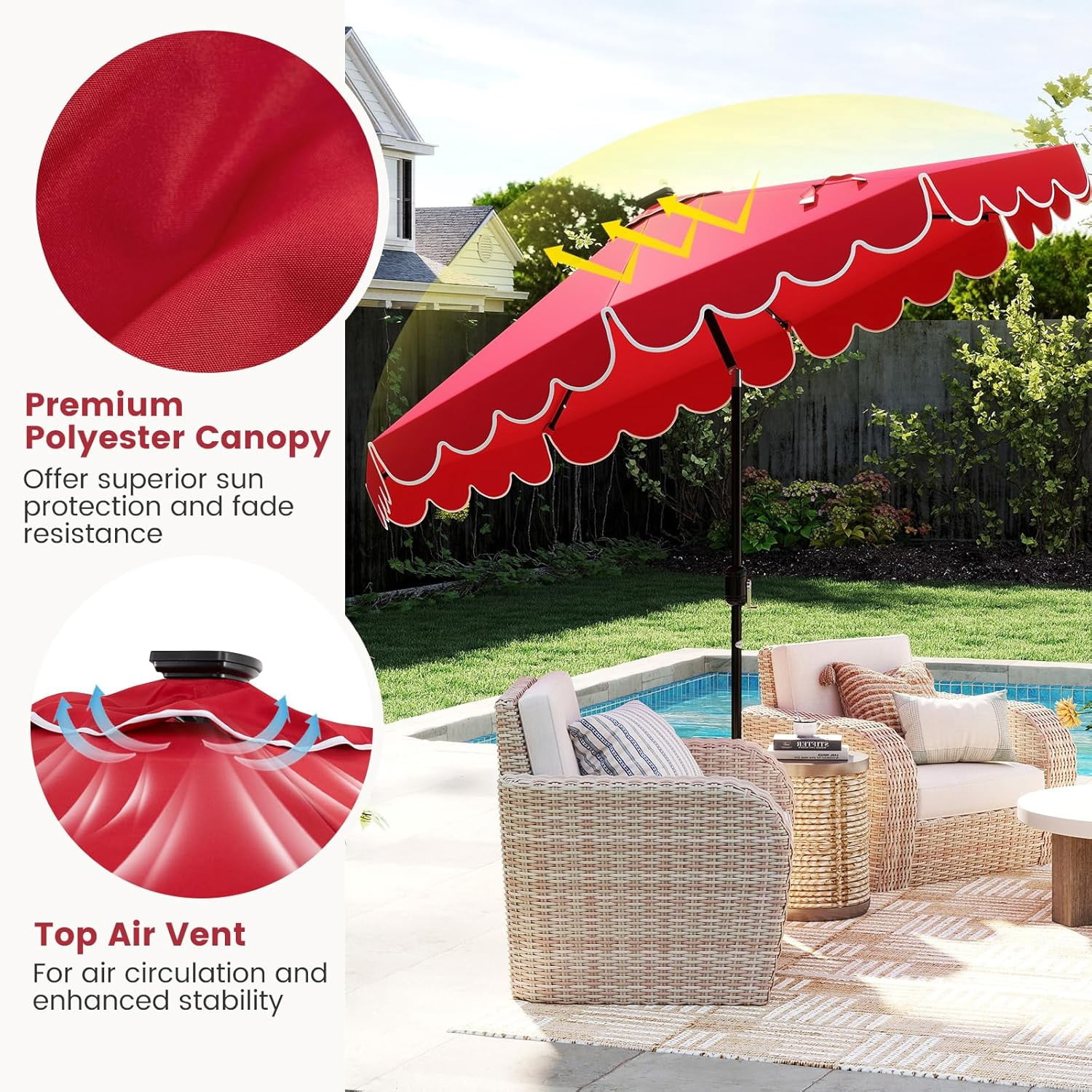 ZYPPP  9 FT Solar Patio Umbrella, 2-Tiers Scalloped Outdoor Table Market Umbrella with 32 LED Lights, Vented Top, Tilt Adjustment, Crank, 8 Ribs for Backyard Poolside Deck Beach Lawn (Red)