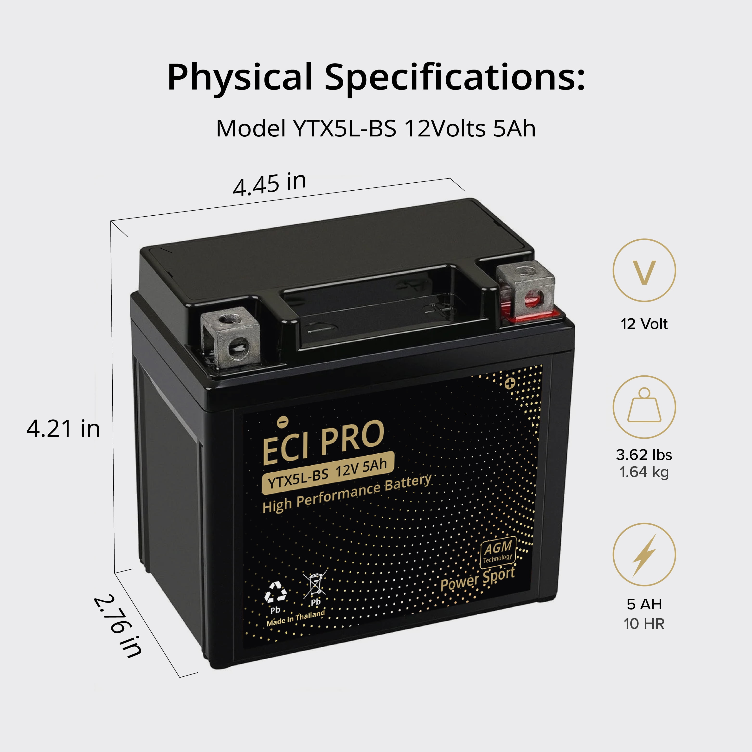 ECI Pro YTX5L-BS AGM Powersports Battery - 12V, 5Ah, Maintenance-Free, High CCA - Fits ATV, Motorcycle, Dirt Bike, UTV & More - Leak-Proof, Vibration Resistant