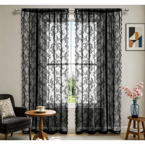2 Pack Black Floral Embroidered Lace Curtains, Vintage Farmhouse Tulle Light Filtering Window Drapes, 39.4"W x 39.4"L