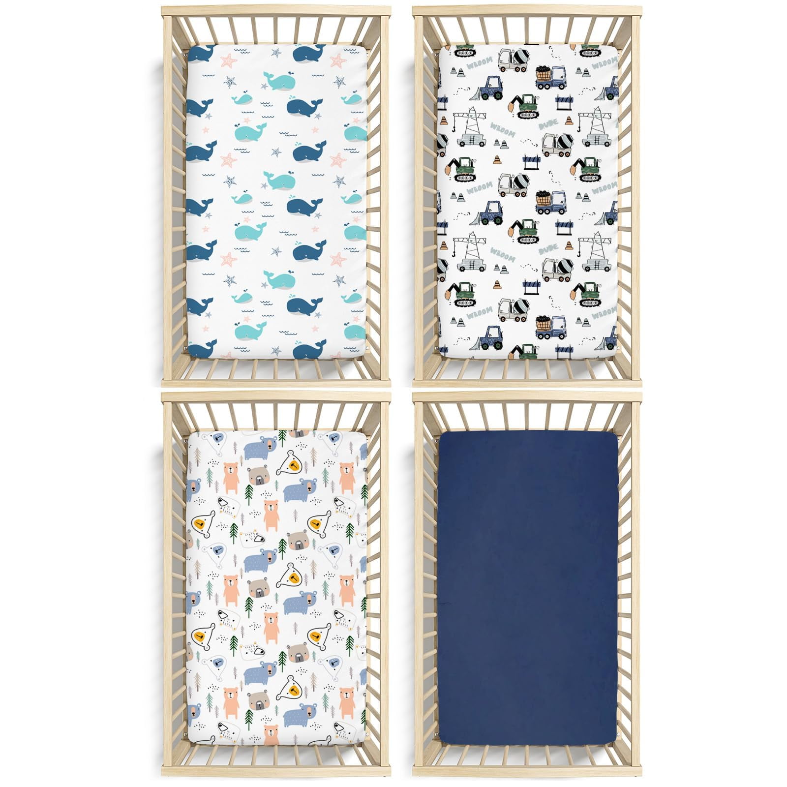 Little Grape Land Crib Sheets for Baby Boys 4 Pack, 28"x 52" Extra Soft Microfiber Crib Sheet Set for Standard Crib & Toddler Mattress Pad, Whale & Truck & Little Bear & Navy Blue