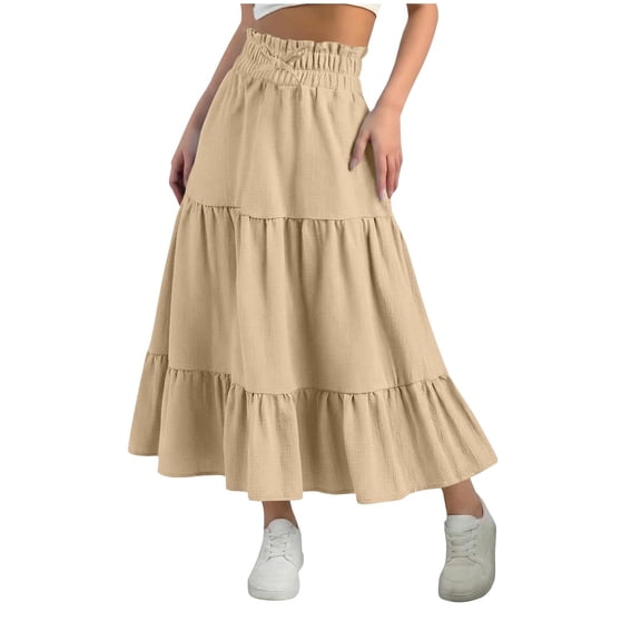 Erwazi Girls Tiered Pleated Long Skirts Solid Color Elastic Waist Drawstring Casual Flowy A-Line Skirt, Beige, 8-9 Years