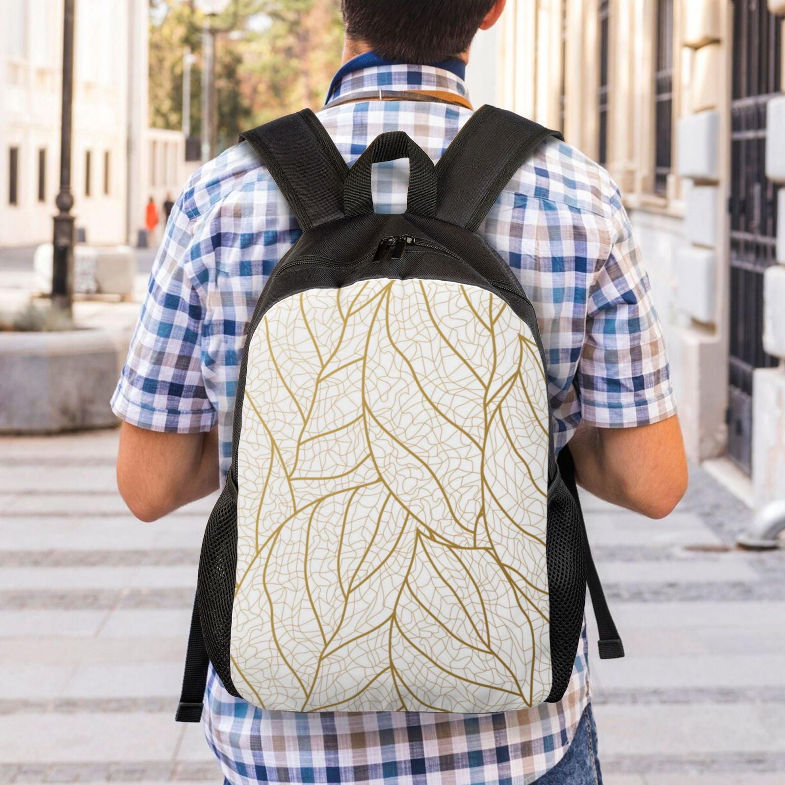 Xecao Elegant Gold Leaf Pattern Print School Backpack with Laptop Compartment Small Travel Laptop Backpack for Women Men Waterproof College Backpack Simple School Bag