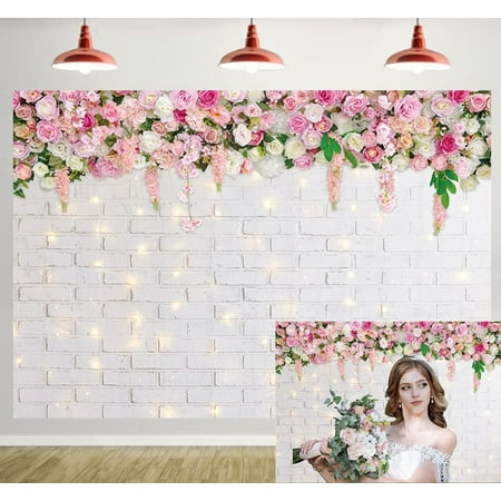 Image of Wall Backdrop Glitter White Brick Wall Valentine s Day Flowers Photography Background Valentine s Day Wedding Bridal Baby Shower Birthday Party Spring Theme Decor Photo Booth Prop