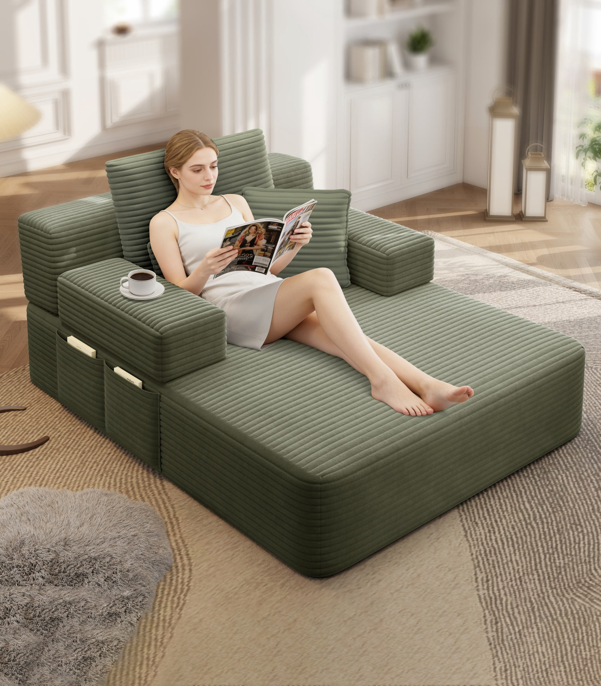 Aukfa Chaise Lounge Chair Indoor, Oversized Corduroy Boneless Sleeper Sofa Bed with Storage Pockets, Adjustable Backrest&3 Pillows, Reading Couch for Living Room Apartment, Green