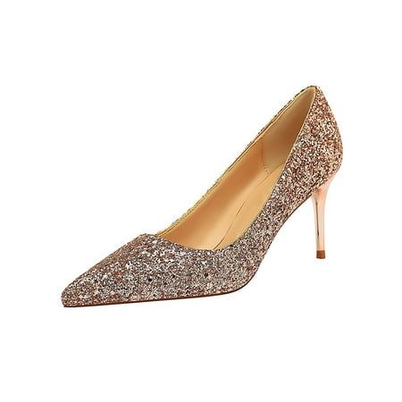 

Woobling Women Stiletto Heels Glitter Dress Pump Pointy Toe Pumps Ladies Shoes Lightweight D’Orsay Shoe Slip On Casual Champagne 5.5