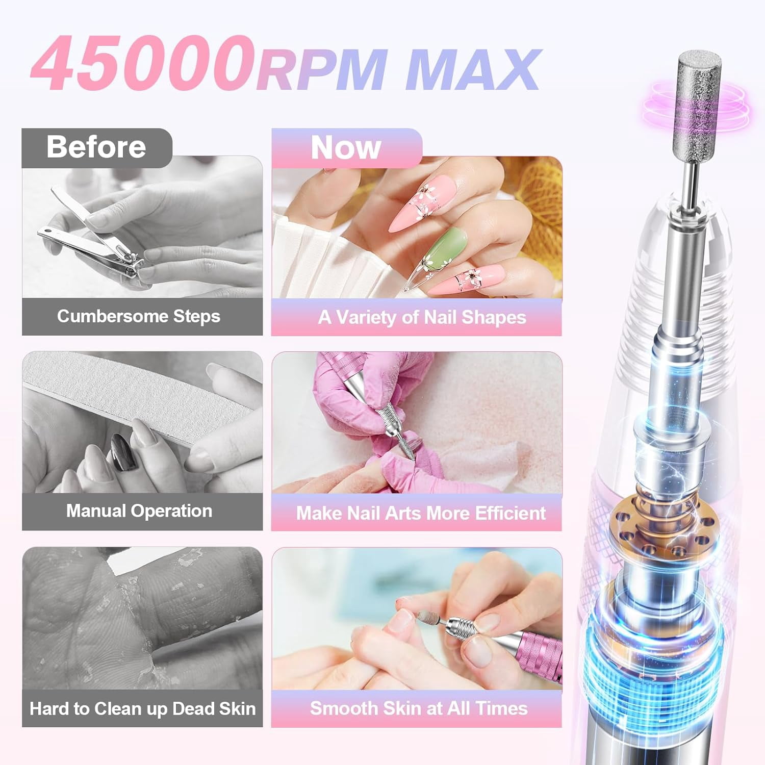 Cordless nail drill 45000RPM portable electric nail file with 11 acrylic and impregnated nail drills with monitor electric nail machine (pink)