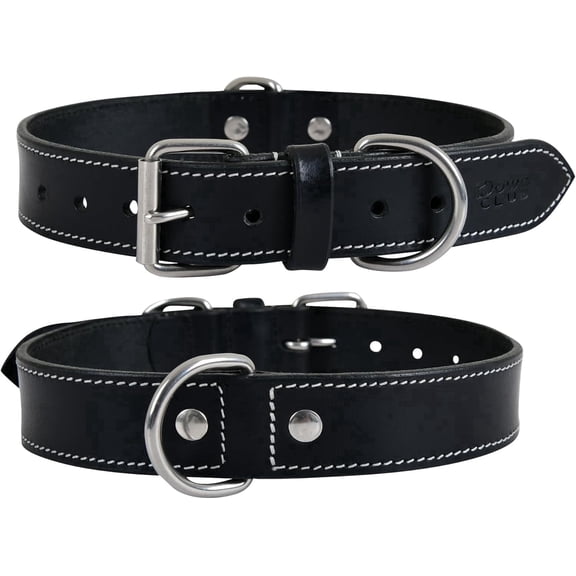 DowgClub Leather Dog Collar with Double D Rings - Handmade Full Grain Leather for Small Dogs, Black