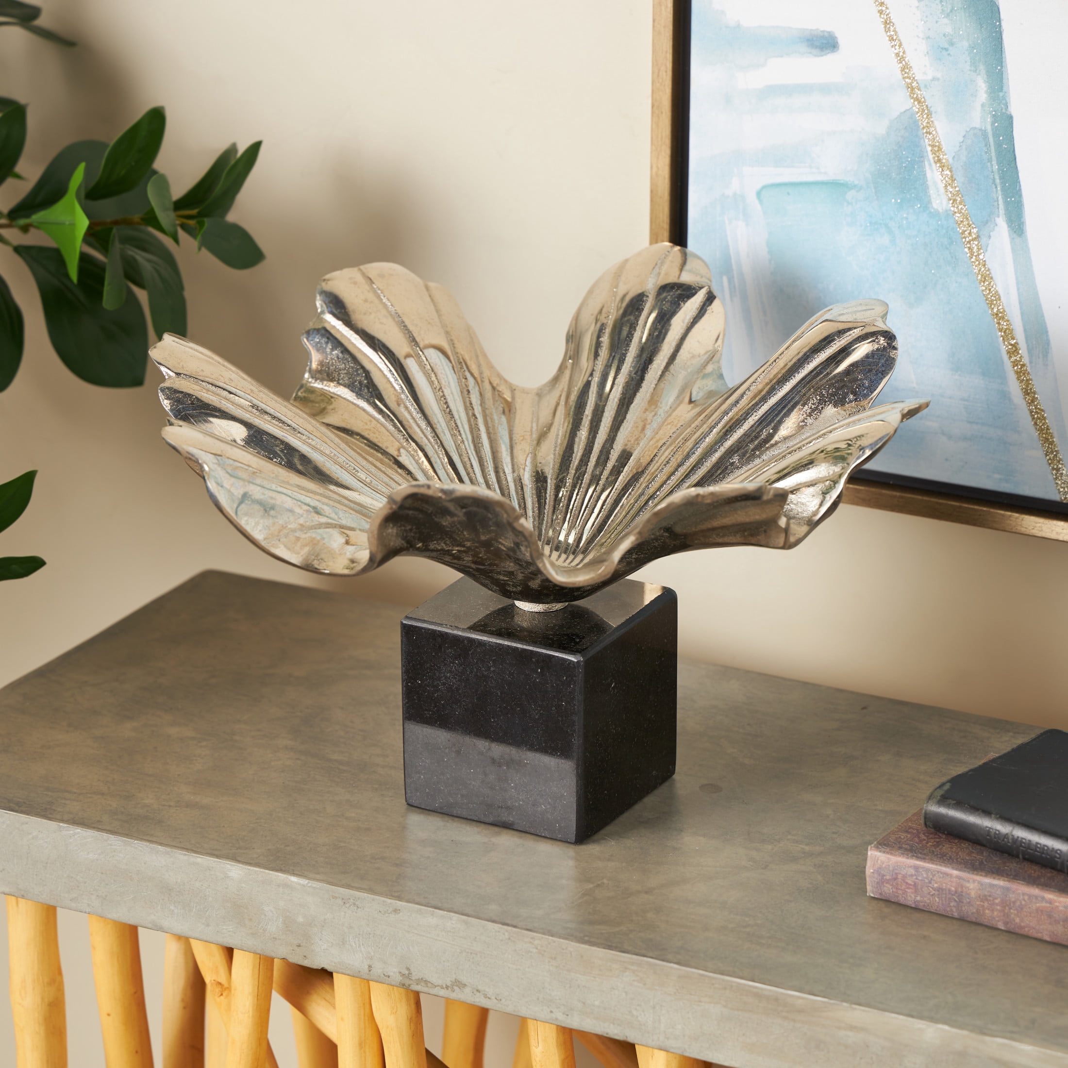 DecMode 15" Square Floral Silver Aluminum Metal Decorative Bowl with Black Marble Base