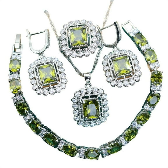 Giffor 5pcs Luxury 18K Plated Gold Formal Jewelry Set For Women,Green Stud Earrings, Bracelet,Rings And Necklace Set,For Weddings,Party,Mother's Birthday Gifts