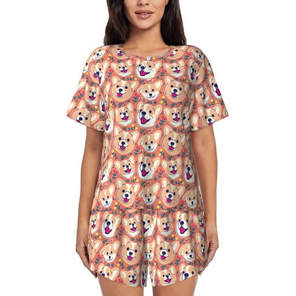 Balery Corgi Head with Floal Conjunto de Pijama para Mujer con Estampado, Dos Piezas de Manga Corta y Shorts, Ropa de Dormir Suave con Cuello Redondo y Bolsillos-X-Large