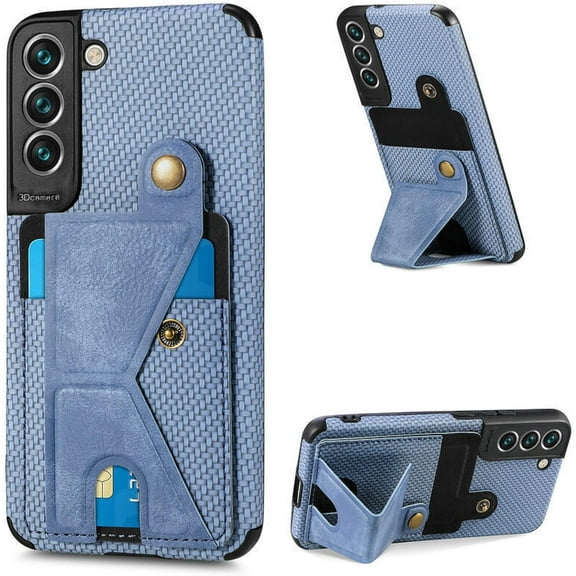 Four Corners Shock Resistant Card Sleeve Phone Case for Samsung Galaxy S22 Ultra Plus, Magnetic Bracket to Protect Back Cover(Blue,S22)
