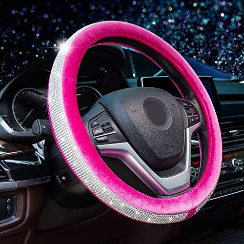 Crystal Steering Wheel Cover Soft Velvet Feel Universal 15 Inch Bling Diamond Car Accessories for Women Girls Pink