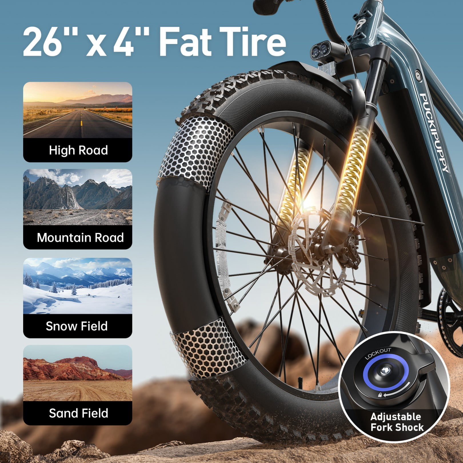 PUCKIPUPPY Electric Bikes for Adults 26" Fat Tire E Bike 28 mph 60Mile Max Range 960W Peak Ebike 48V 15AH Battery Front Suspension off Road Mountain E Bike (Metallic Gray), Comply with UL2849 by SGS