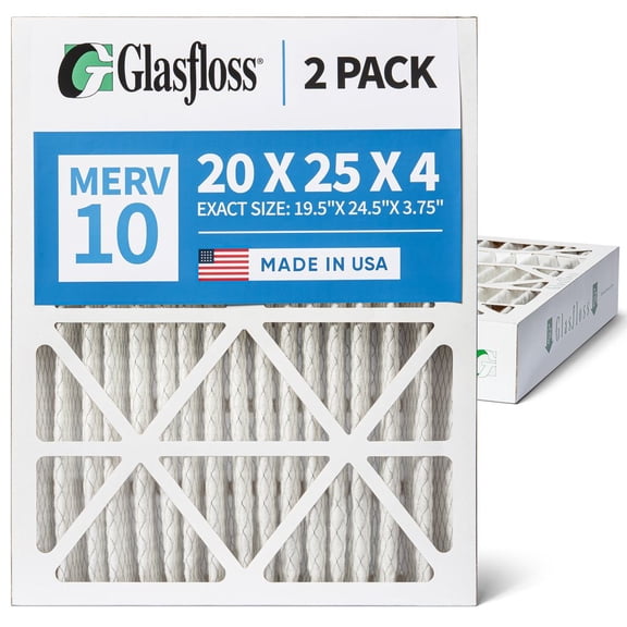 2 Pack of 20x25x4 MERV 10 Pleated 4" Inch Air Filters by Glasfloss. Actual Size: 19-1/2 x 24-1/2 x 3-3/4