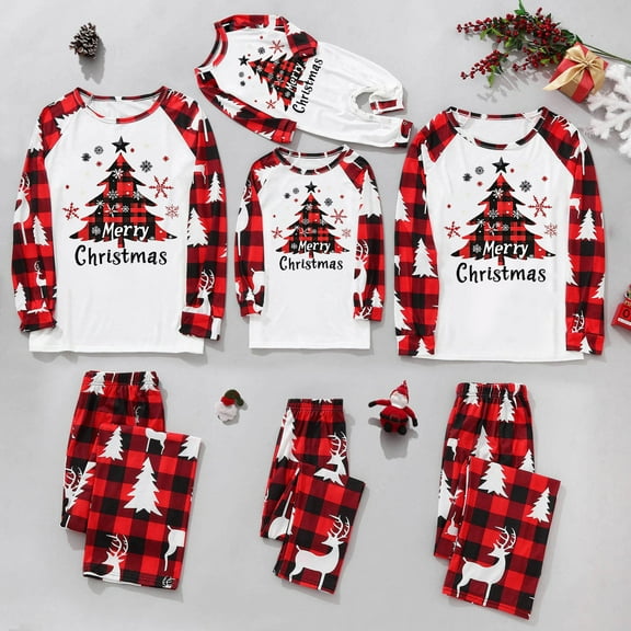 Aboser Merry Christmas Matching Pajamas for Family Pijamas De Navidad Para Familia Funny Xmas Tree Printing Tops and Plaid Pants Vacation Outfits Long Sleeve Soft Loungewear