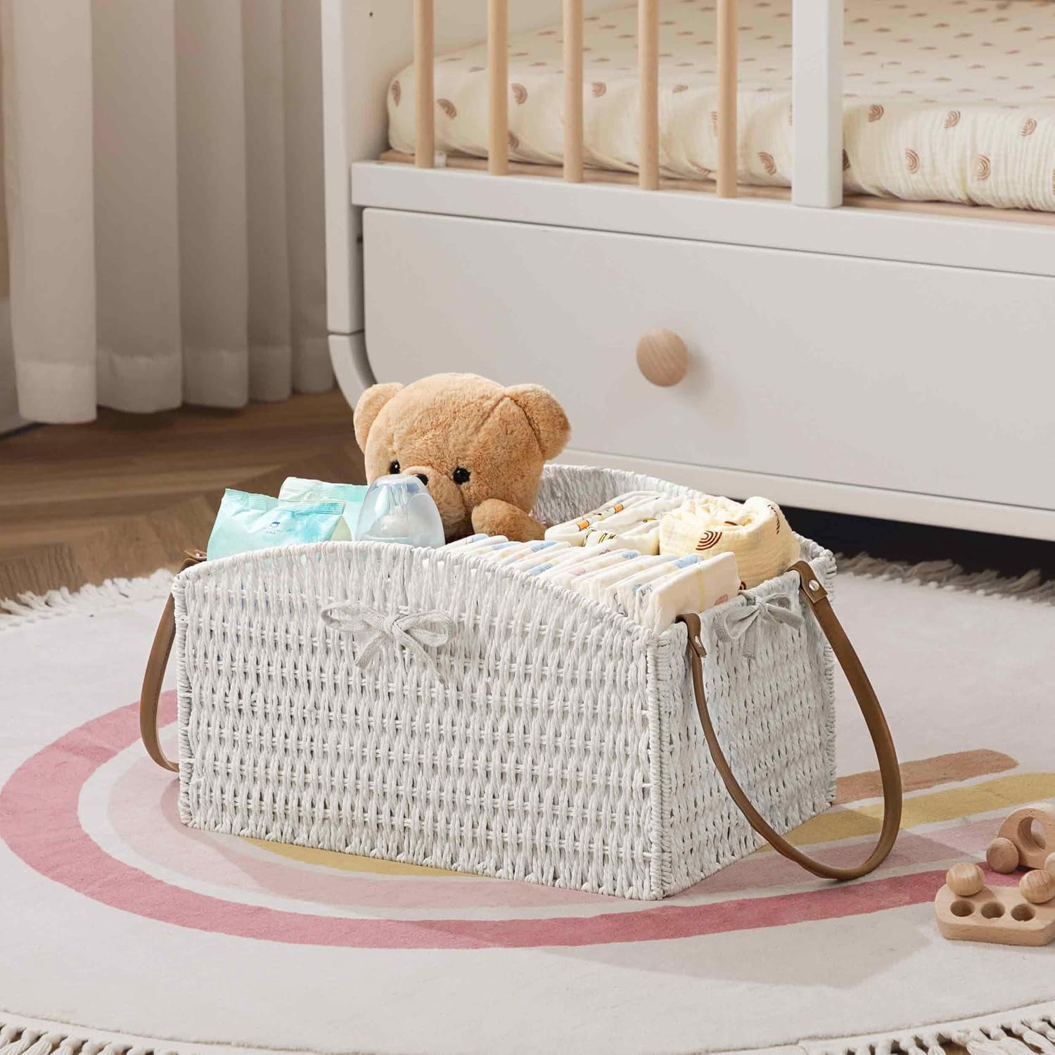 Diaper Caddy Organizer, Large Hand-Woven Storage Basket for Diapers & Baby Essentials - Elegant Curved Design, Ideal Gift for Baby Shower & Registry Must-Have