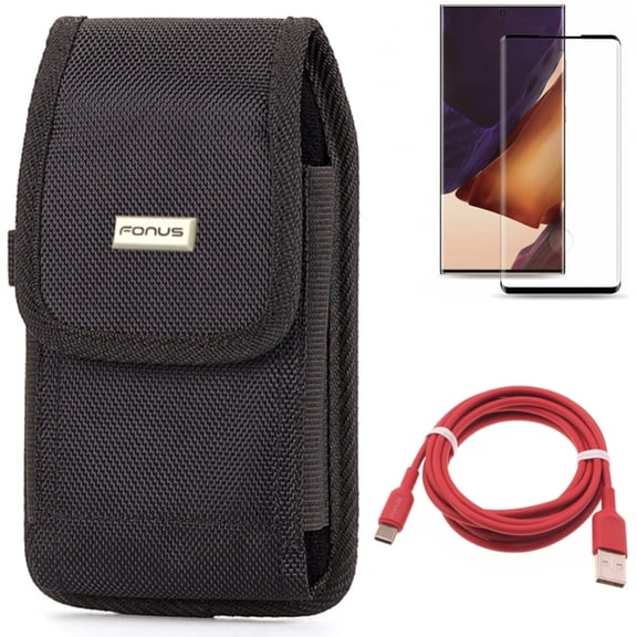 Case Belt Clip & Screen Protector & 6ft USB-C Cable for Samsung Galaxy Note 20 Ultra (6.9") - Combo with Rugged Holster & Tempered Glass (Fingerprint Unlock) & Red Charger Cord