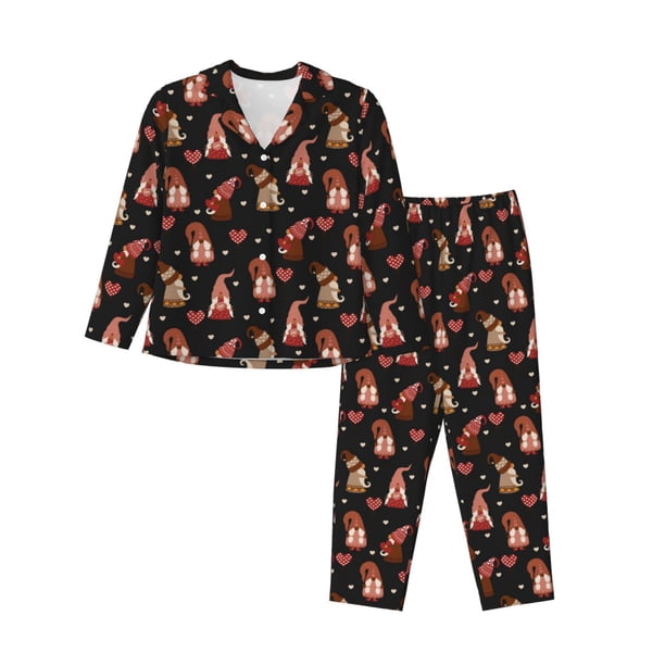 Balery Valentine Gnome Conjunto de Pijama con Estampado para Mujer, Conjunto de Dos Piezas con Manga Larga, Ropa de Dormir Suave con Bolsillos, Pijamas Cómodos-XX-Large