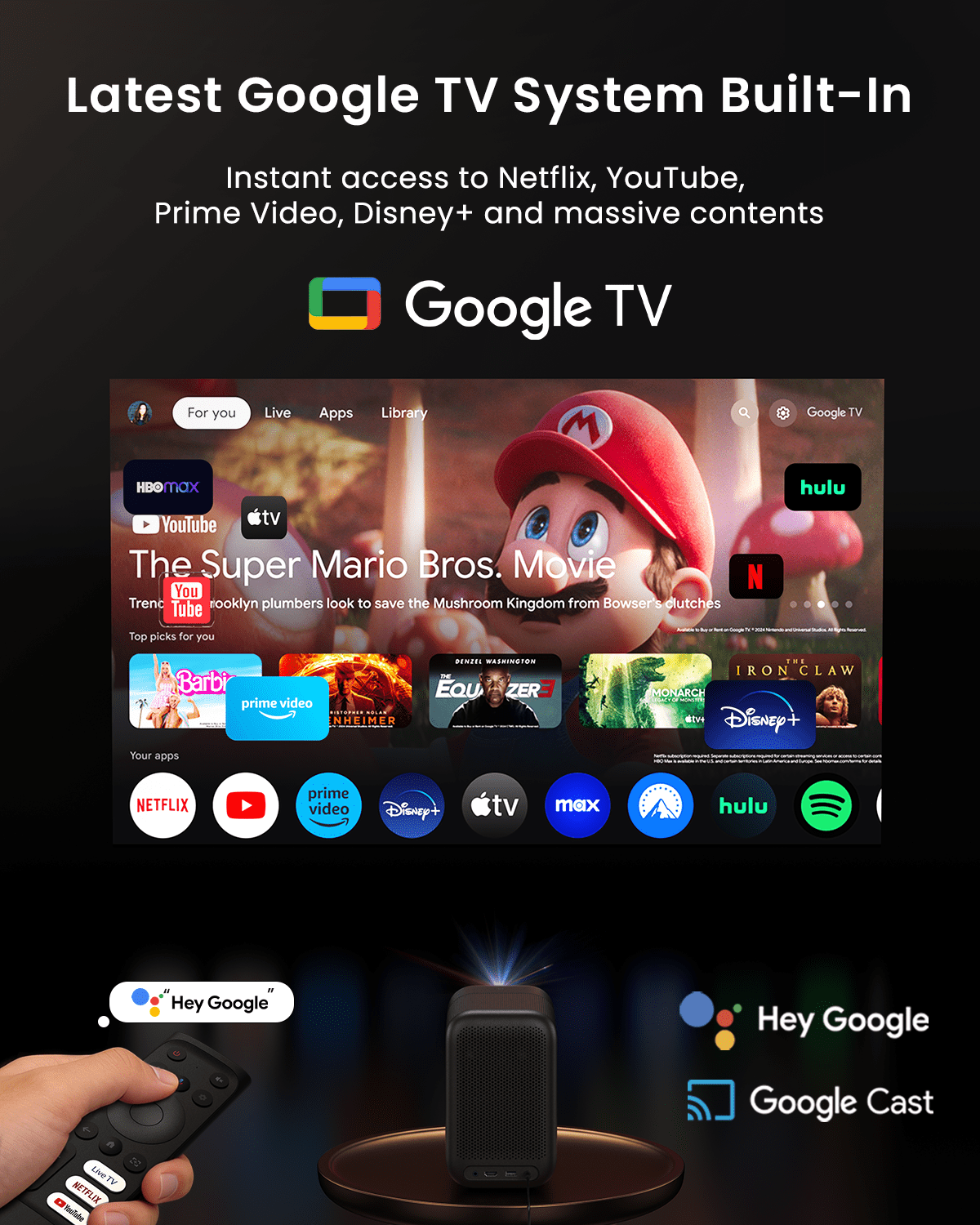 WEMAX Smart Projector 4K Support, Licensed Google TV, MEMC & HDR10 & Dolby Audio, Smart Screen Alignment, 500 ISO WiFi Bluetooth Outdoor Movie Projector