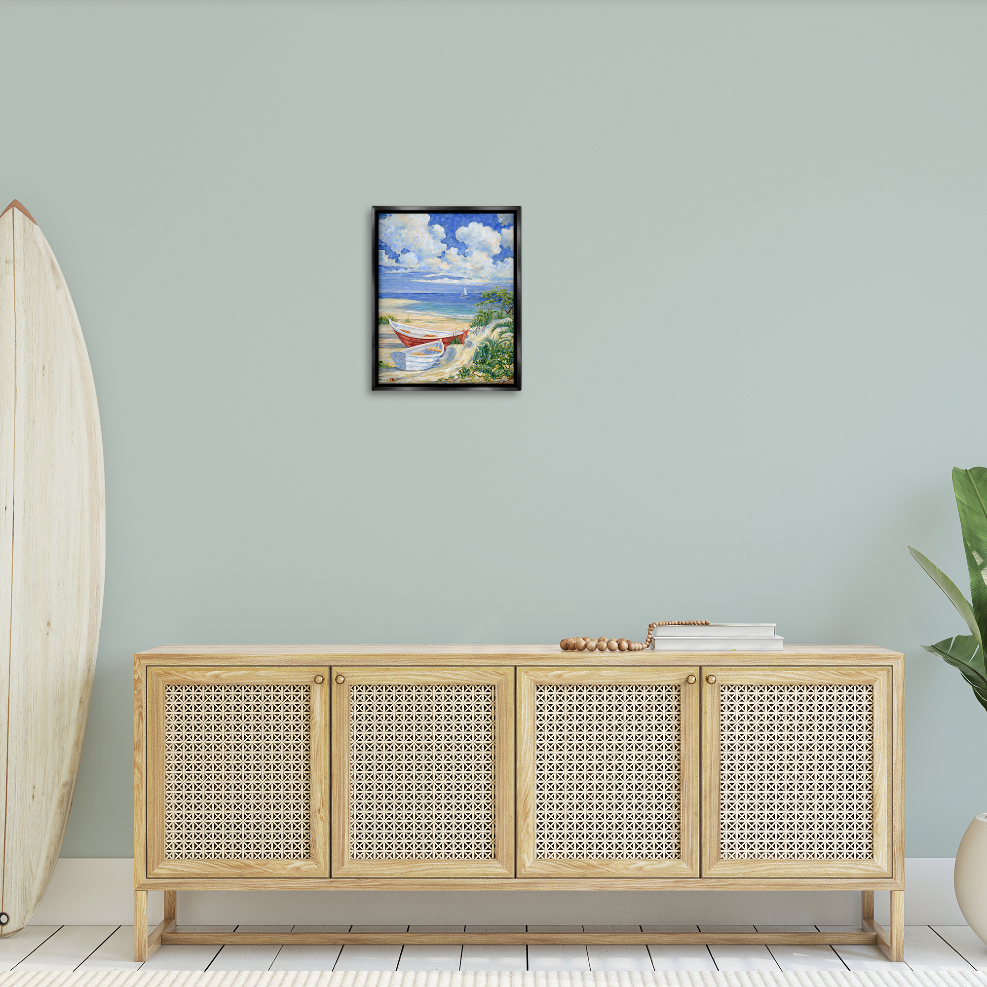Stupell Industries Two Boats on Sand Transportation Painting Black Floater Framed Canvas Art Print Wall Art, 17 x 21