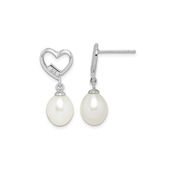 White Freshwater Cultured Pearl Heart Dangle Earrings in Sterling Silver with Cubic Zirconia (CZ)s