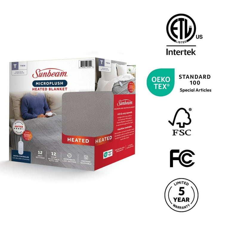 Sunbeam Electric Heated Bed Blanket Gray Soft Brushed Fleece 12