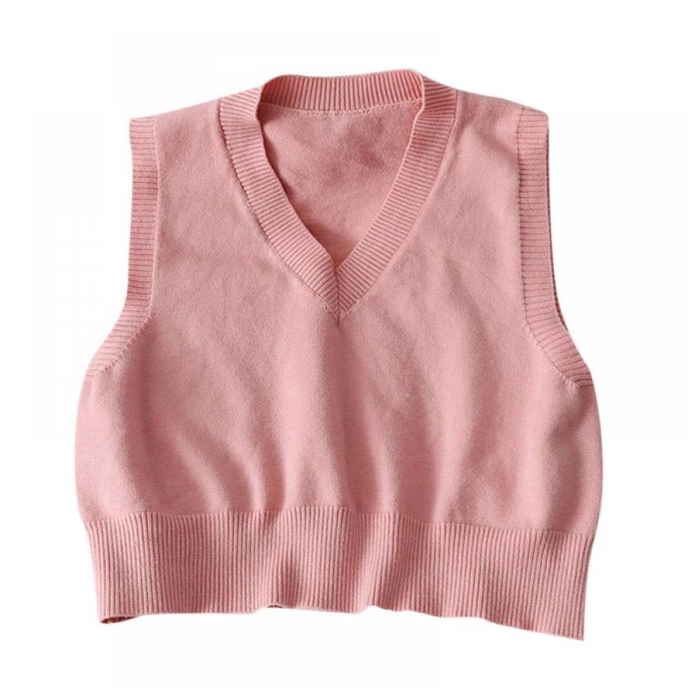 Women V-Neck Knit Sweater Vest Solid Color Style Sleeveless Crop Knit Vest