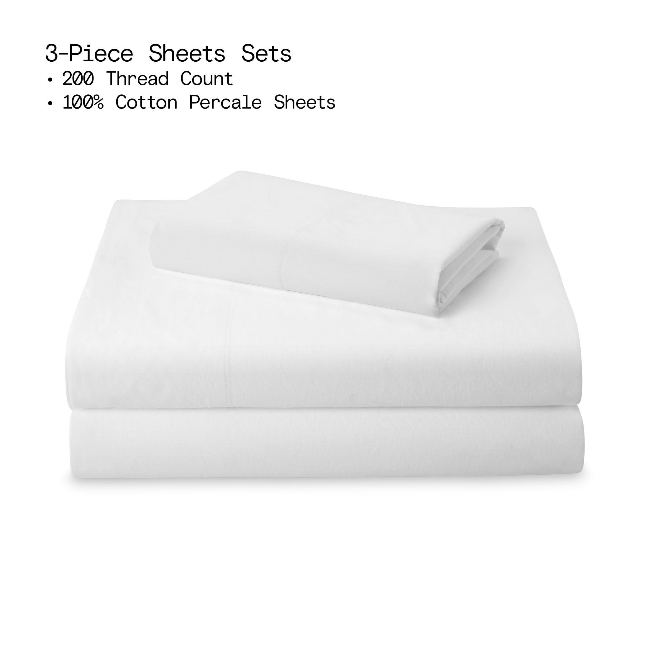 Beautiful by Drew Barrymore 3-Piece 100% Cotton Percale Sheet Set, White, Twin