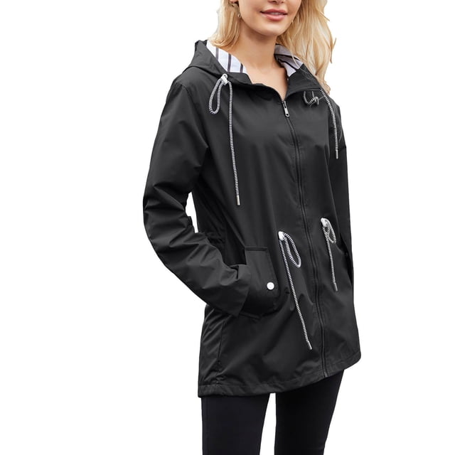LMKIHUSA Manteau Trench pour Femmes Décontracté 2025 Tendance à Fermeture Éclair Complète Imperméable à Capuche Imperméable à Rayures Imprimé Ligne Manteau Trench Extérieur Randonnée Coupe-Vent Vestes avec Poches 3X-Grand