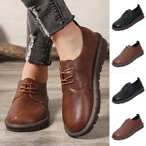 Viluyesy Womens Oxford Shoes Round Toe Faux Leather Lace Up Lug Sole Slip On Arch Support Non Slip Walking Casual Office Comfort Flats Black Size US8.5