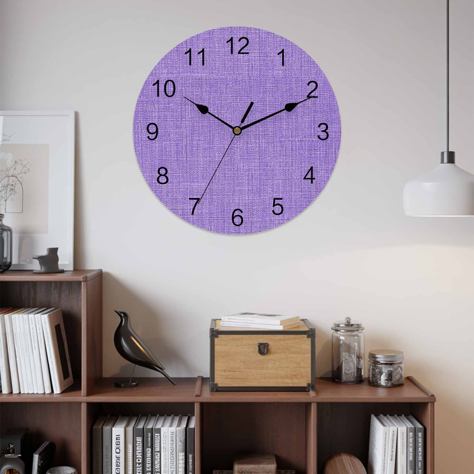 Wall Clock Purple Linen Texture Clocks PVC Silent Non-Ticking Battery Operated Decorative Farmhouse Solid Color Round Clock for Home Living Room Kitchen Bedroom Office School Wall Decor 14 Inch