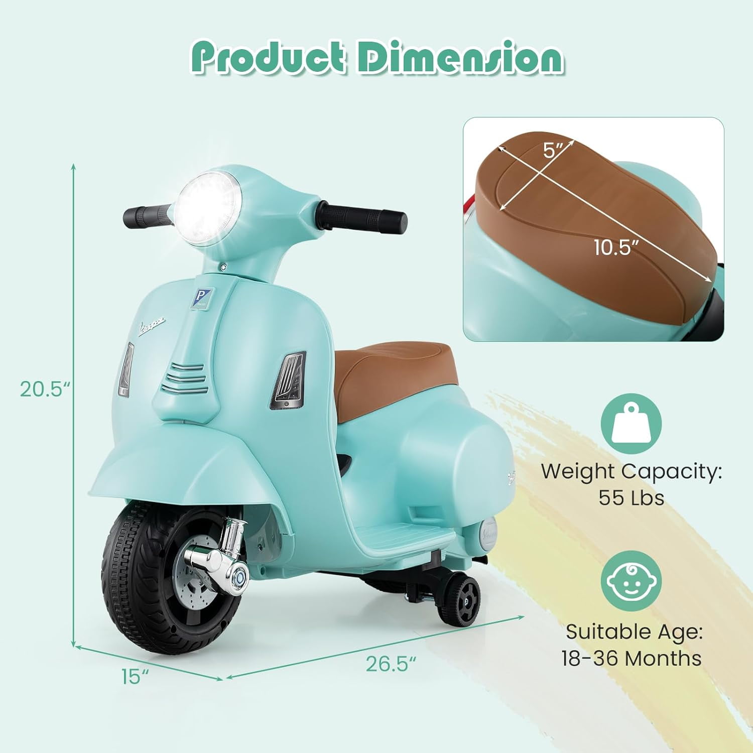 Licensed Vespa Kids Motorcycle by OLAKIDS, 6V Battery Powered Motorbike for Toddlers with Training Wheels, Horn, LED Lights, Electric Ride on Toys for Boys Girls Aged 18-36 Months