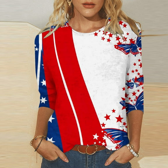 Xdegoge 4th of July Shirts Women 3/4 Sleeve Tops Patriotic American Flag Shirt Star Graphic Striped Blouse Usa T Shirt Independence Day Womens Summer Tops L Orders Placed By Me