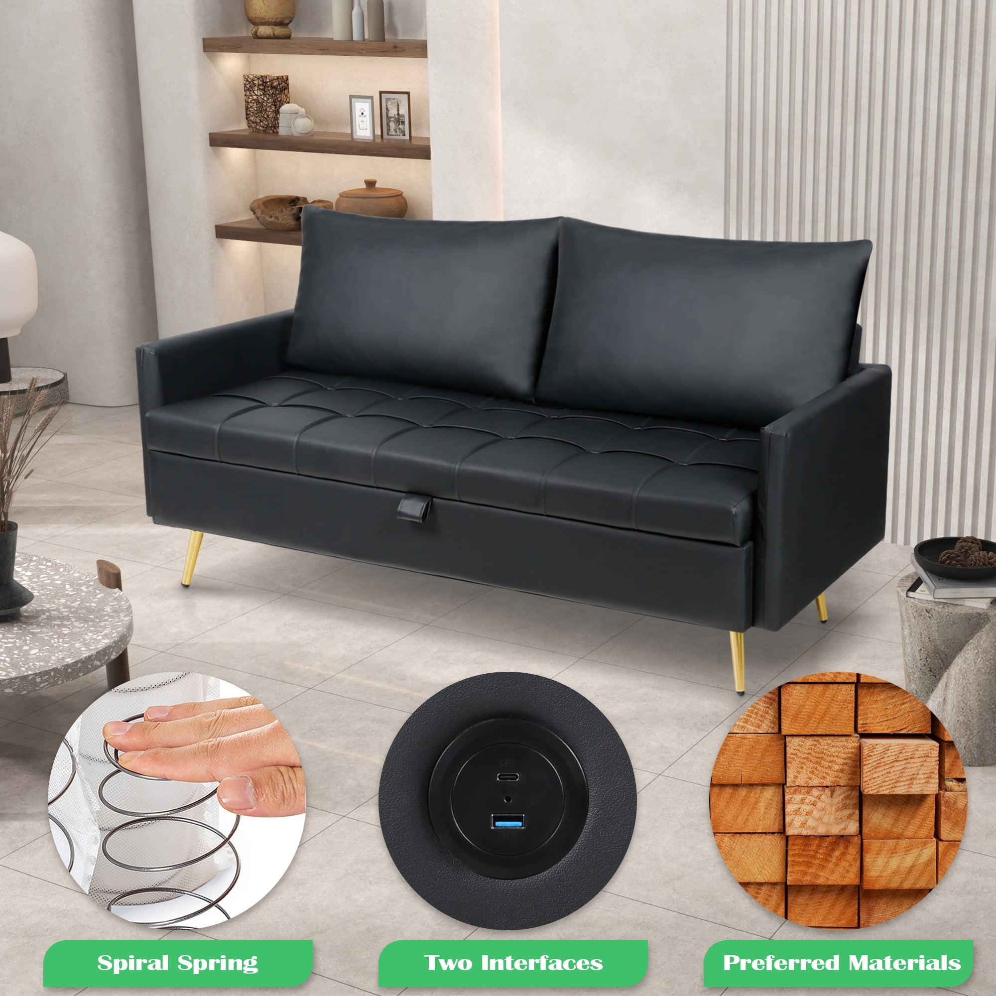 Coewske 60'' W Faux Leather Loveseat Sofa Couch w/ Storage Space & 2 USB Charging Ports Black
