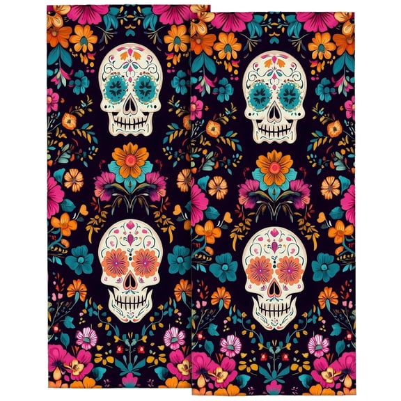 Sugar Skull Floral Hand Towels Set of 2, Gothic Day of the Dead Kitchen Towels, Soft Absorbent Dish Towels for Halloween Bathroom Home Decor