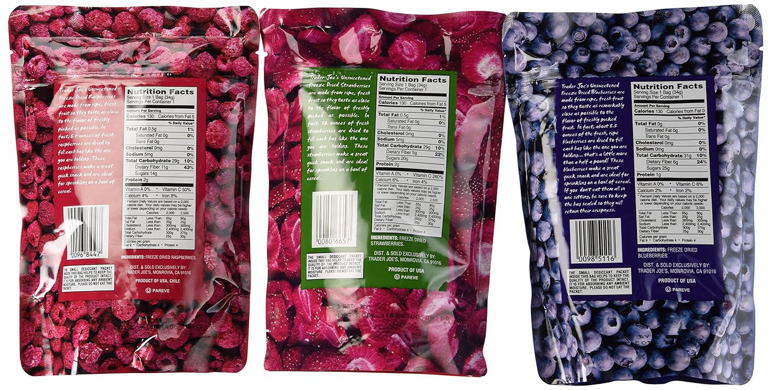 Trader Joe's Freeze Dried Fruit Variety Pack (Blueberry, Strawberry, Raspberry) 3 bags total 1 each Flavor