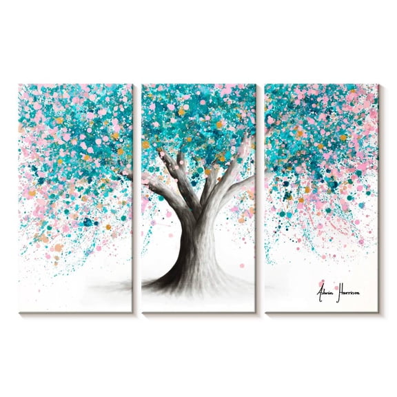Elephant Stock Turquoise Blossom Tree Wall Art - Horizontal Multi Panel Canvas - Living Room Wall Decor - Floral And Botanical Multi Panel - Beige And Gray Decor By Ashvin Harrison - 23" x 14"