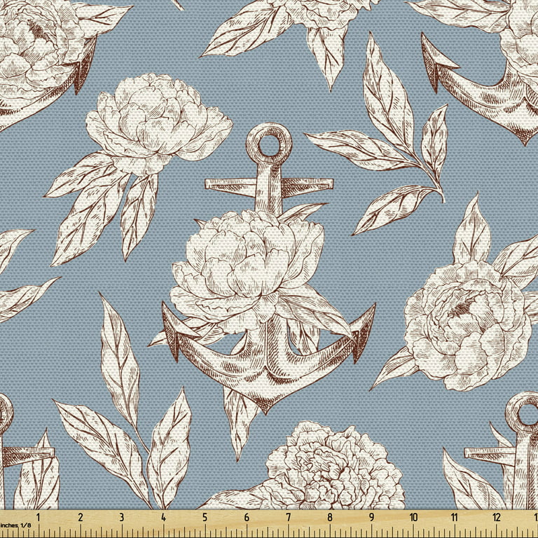 Boho Upholstery Fabric by the Yard, Vintage Nautical Themed Pattern with  Peonies and Anchors Print, Decorative Fabric for DIY and Home Accents, Pale
