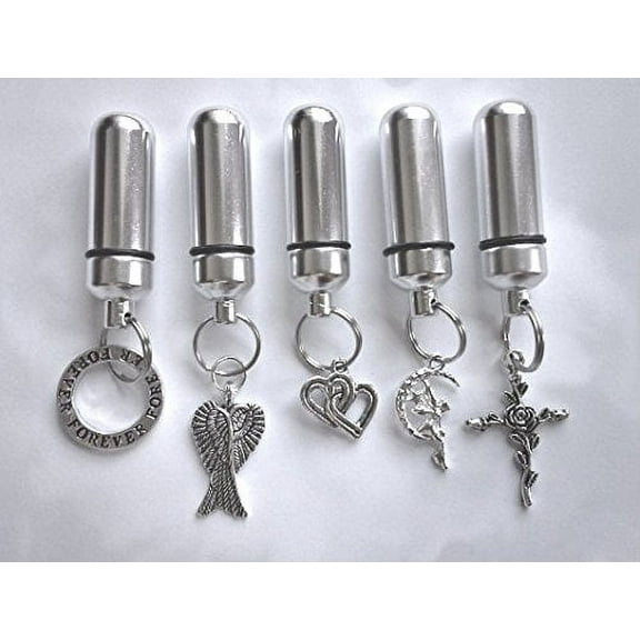 Assortment of FIVE CREMATION URN Keepsakes with LASER ENGRAVED HEARTS - Angel Wings/Intertwined Heart/Moon Angel/Forever Ring/Rose Cross - Includes Velvet Pouches, Ball-Chains and Fill Kit