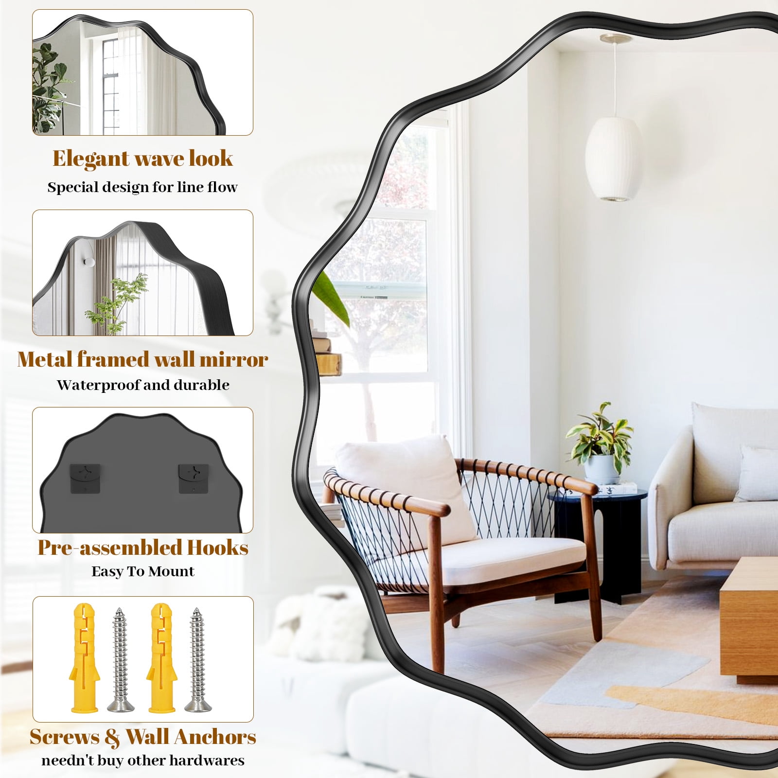 SHATTERVIEW 36" Wavy Round Bathroom Mirror Wall Mounted Vanity Mirror, Black