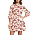 thumbnail image 2 of Karymi Floral Print Mock Neck Tiered Mini Dress, 3/4 Ruffle Bell Sleeve Self Tie Waist Loose Flowy Summer Sundress Spring Dresses, 2 of 5