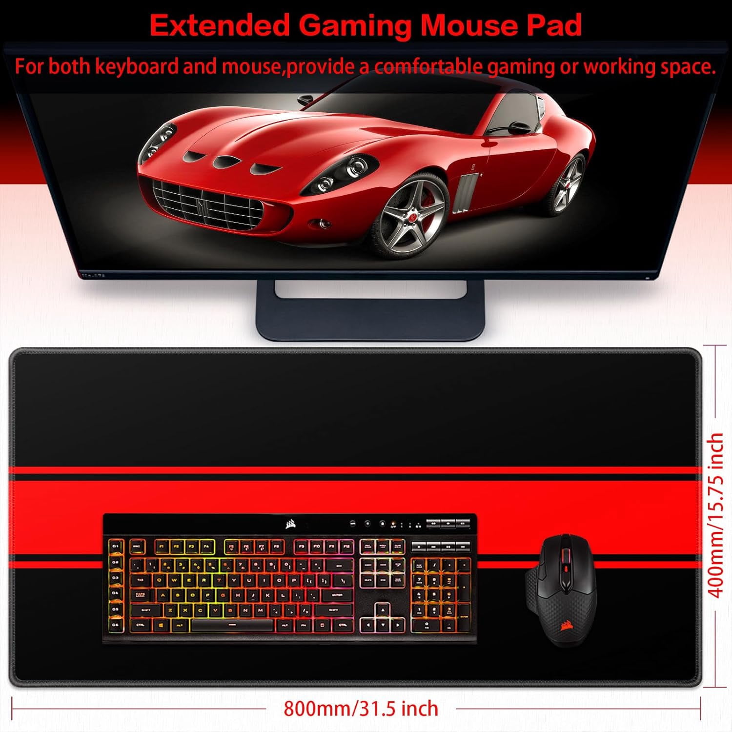 Gaming Mouse Pad, Computer Mouse Pad 31.5x15.7inch Large Extended Computer Mouse Mat with Non-Slip Base Keyboard Full Desk Mousepad for Gaming, Office, Home
