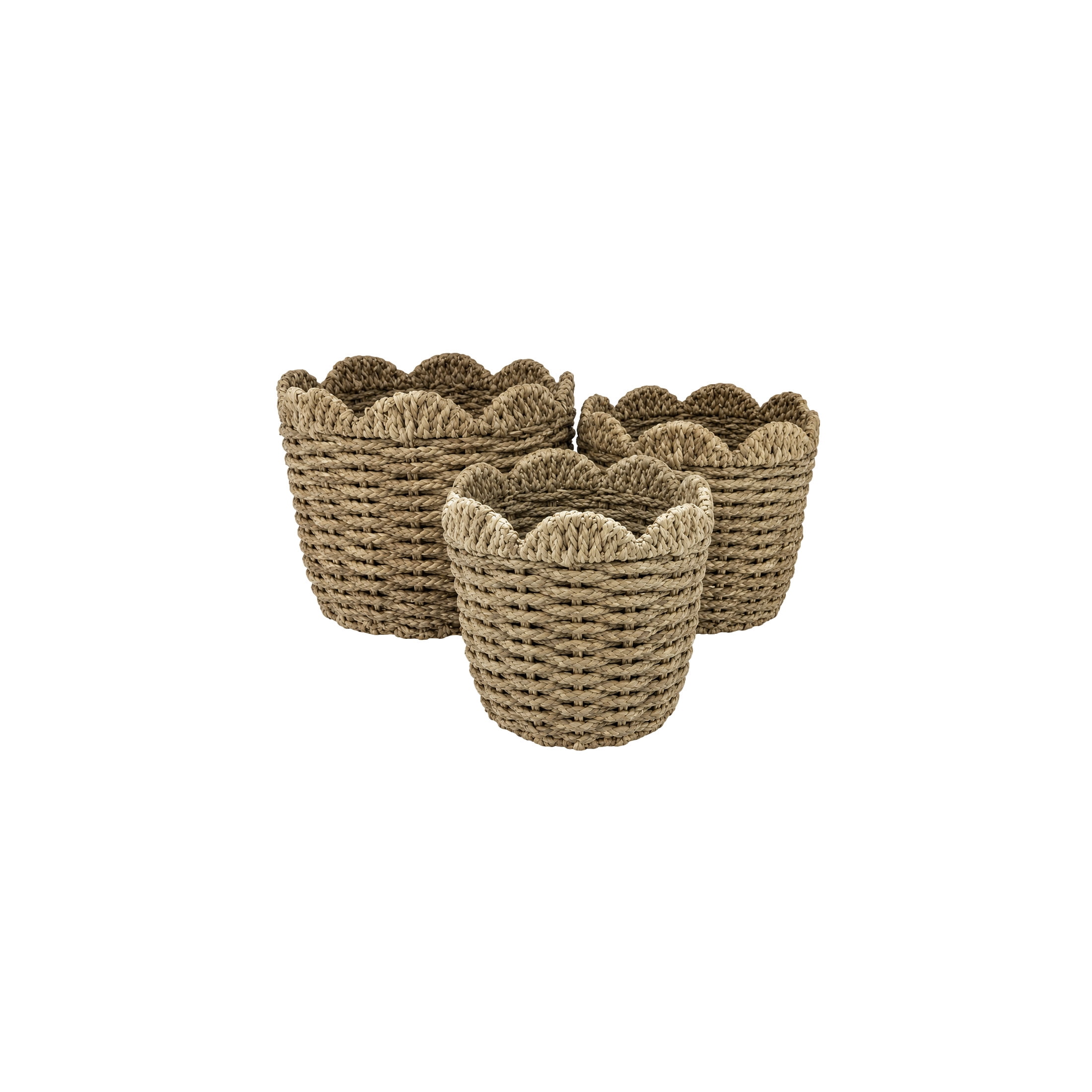 DecMode 10", 11", 12"H Brown Seagrass Handmade Woven Storage Basket with Wavy Edges, 3-Pieces