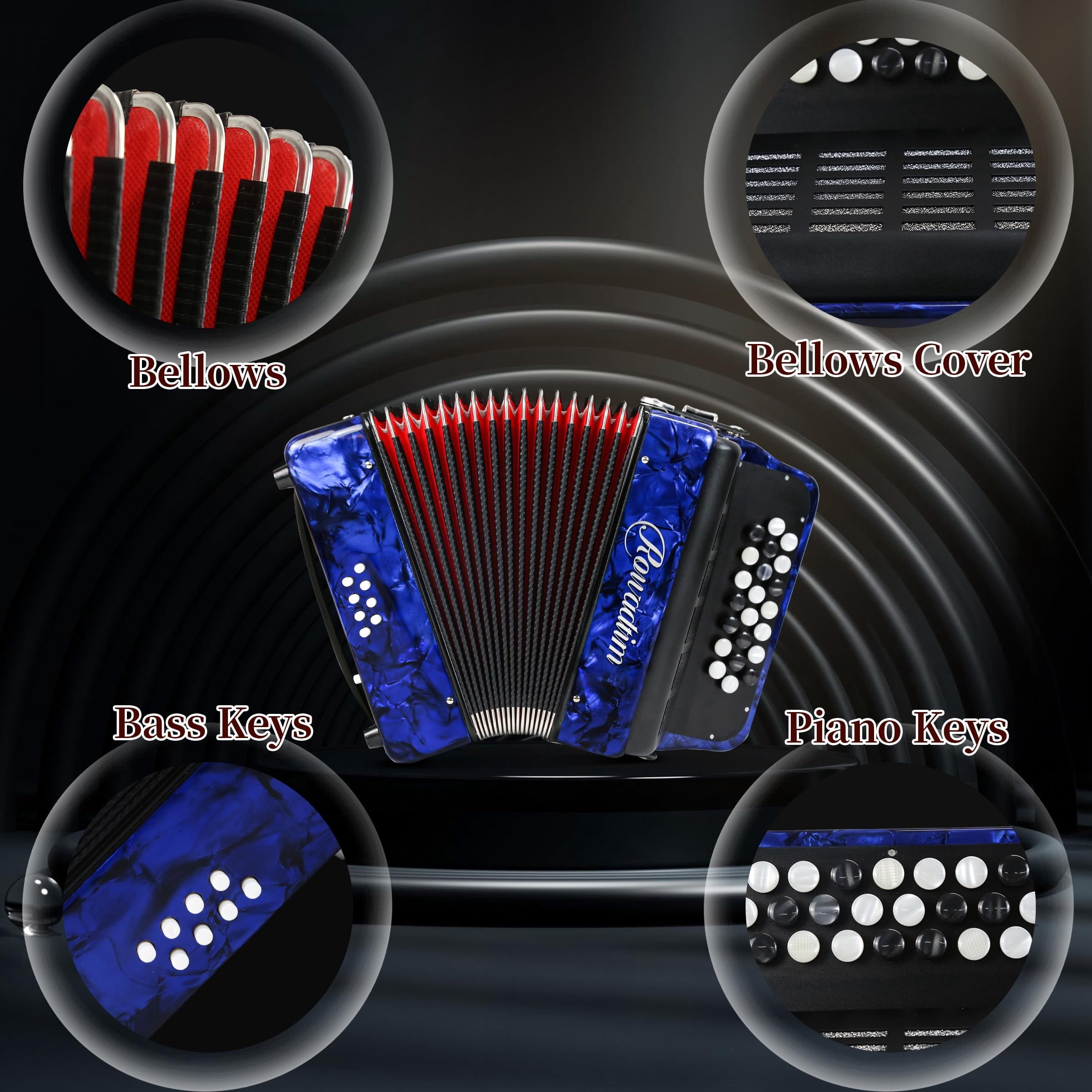 Rowadtim 22 Keys Accordion, 8 Bass Student Piano Accordions Suitable for Beginners and Students; Lightweight and Portable,with Backpack and Adjustable Straps ( Blue)