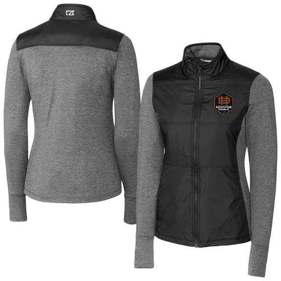 Women's-Cutter & Buck Black Houston Dynamo FC Stealth Hybrid Quilted Full-Zip Windbreaker Jacket