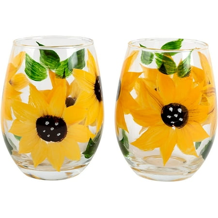

Market Street Gallery - Hand-Painted Sunflower Stemless Wine Glass Set - Rustic Country Farmhouse Decor - Kitchen Gift Set of 2