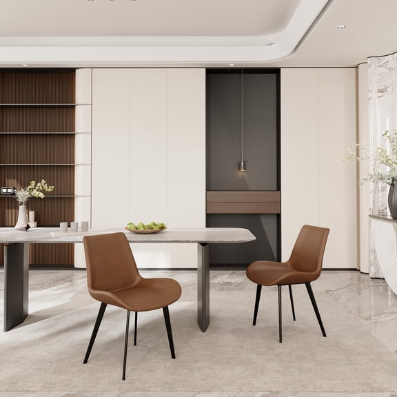 Dining Chairs Set of 2, Mid Century Modern Upholstered PU Leather Dining Room Chairs with Cushioned Seat and Black Metal Legs for Kitchen Dining Table Living Room, Gray Chairs