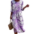 thumbnail image 3 of VBVC Women's and Women's Plus 3/4 Sleeve Midi Dress, Summer Casual Crew Neck Dress For Women, Ladies' Loose Fit Floral Dress with Pockets,Purple,S-5XL, 3 of 7