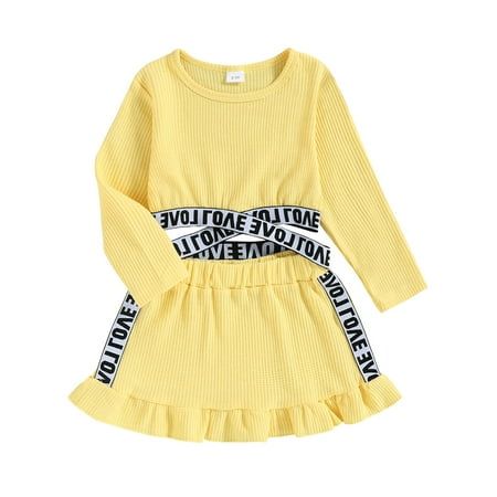 

Sunisery 2PCS Toddler Infant Baby Girls Letter Ribbon Long Sleeve O-Neck T-shirt Ruffles Short Skirt Set Yellow 4-5 Years